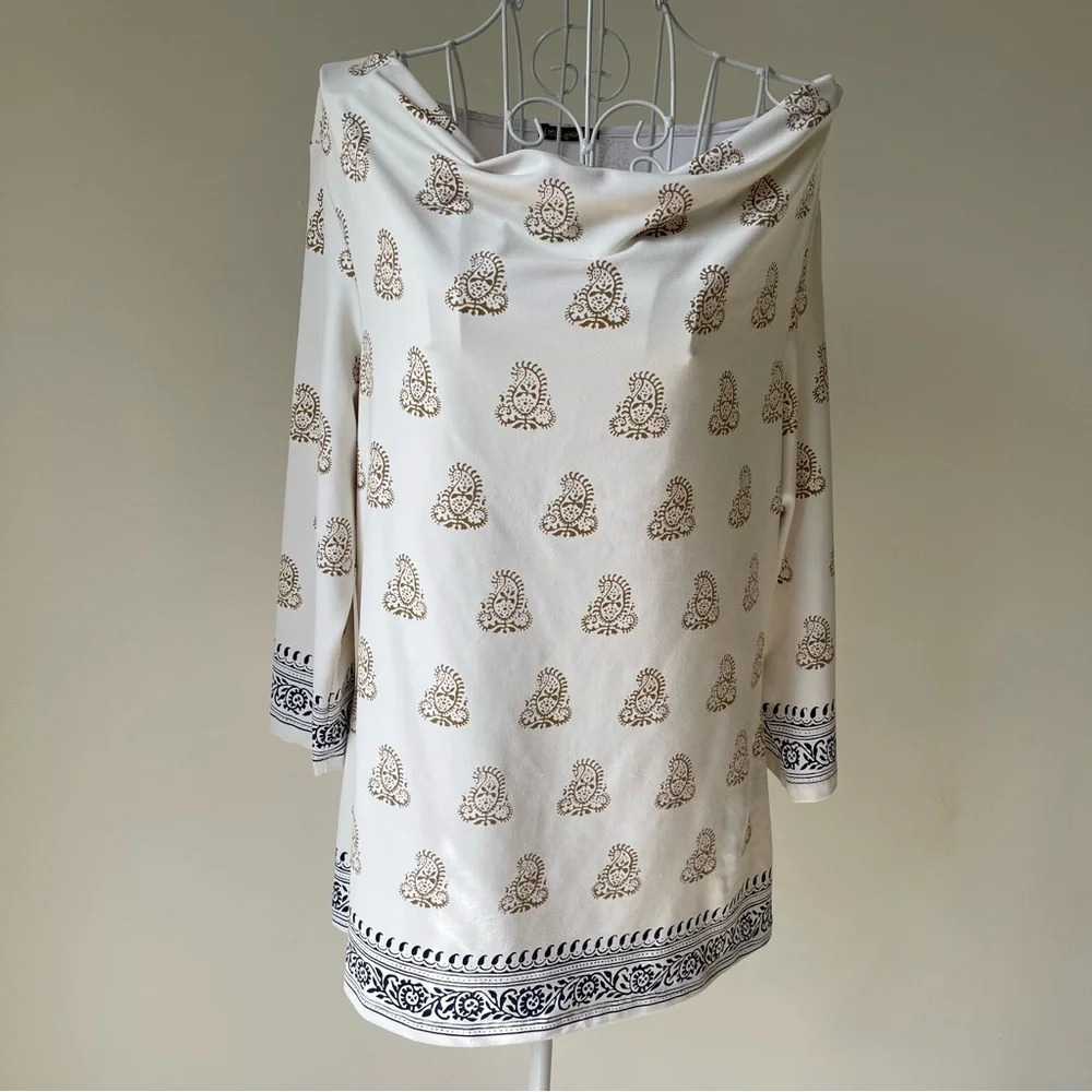 J. McLaughlin cream Catalina Cloth Bandana Print Top scoop neck 3/4 sleeve sz L
